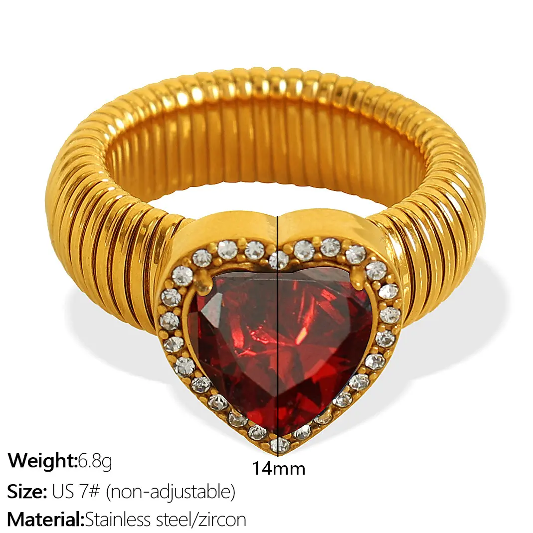 1 Piece Romantic Series Retro Heart Colorful Stainless Steel  Gold Color Zircon Women's Gemstone Rings h5 